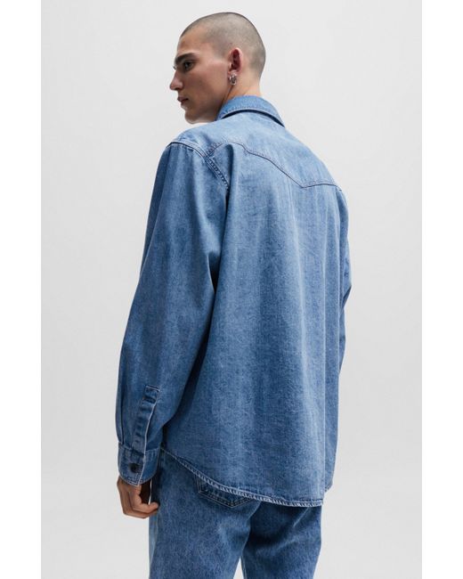 HUGO Blue Oversized-fit Denim Shirt With Flap Chest Pockets for men