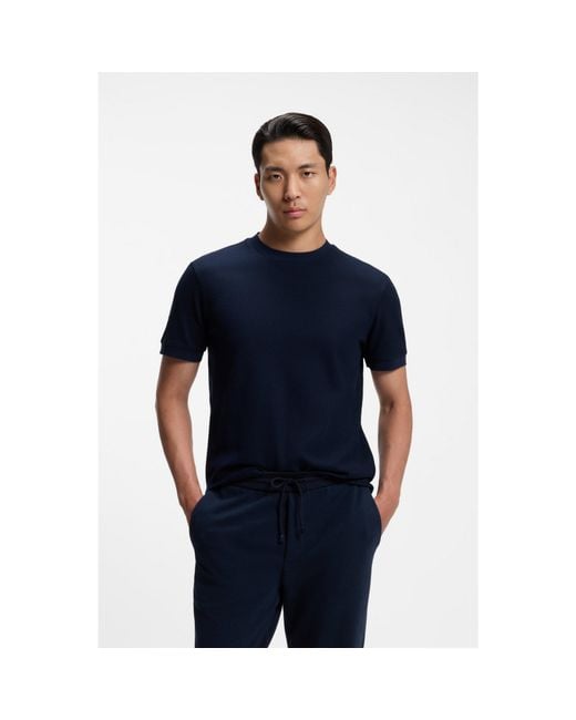 Boss Blue Cotton T-Shirt With Two-Tone Piqué Structure for men