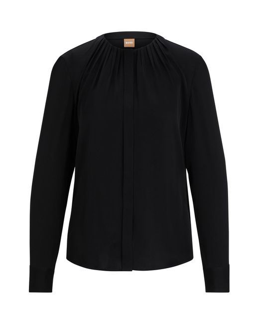 Boss Black Ruched-neck Blouse In Stretch-silk Crepe De Chine