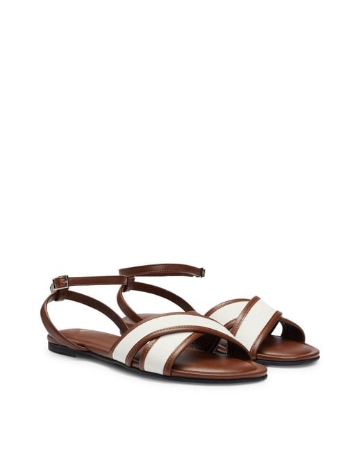 Boss Brown Structured-canvas Sandals With Leather Trims And Branding