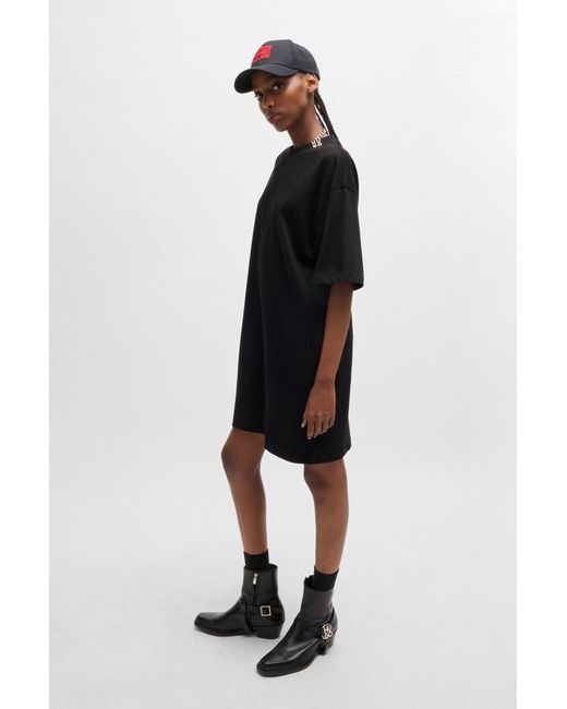 HUGO Black Cotton-jersey T-shirt Dress With Stacked Logo