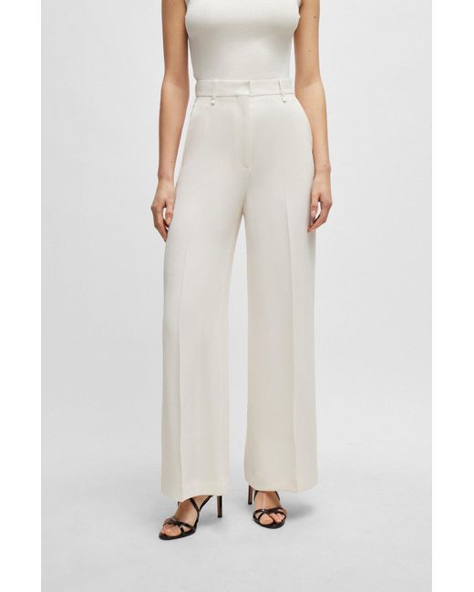 Boss White High-waisted Relaxed-fit Trousers With Wide Leg