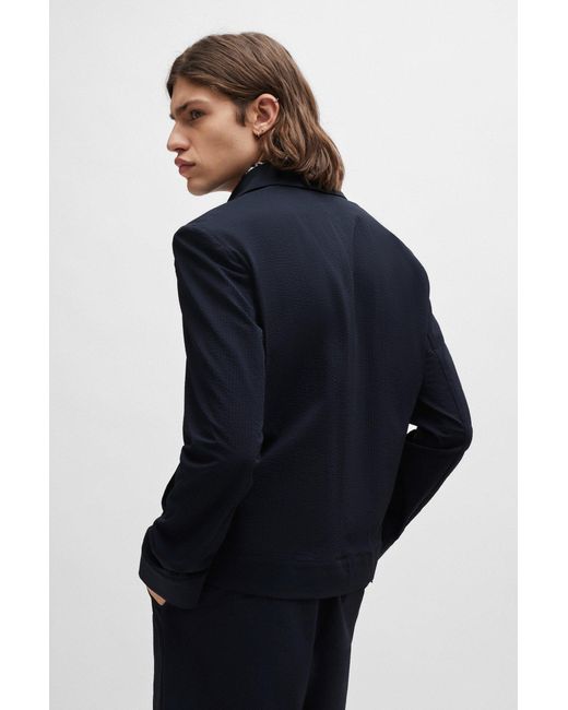 HUGO Blue Slim-fit Jacket In Structured Super-flex Seersucker for men