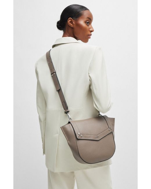 Boss Brown Saddle Bag In Grained Leather With Detachable Straps