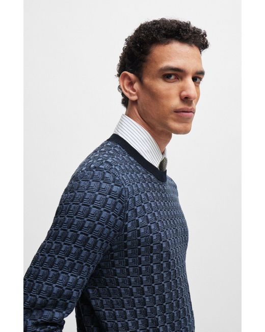 Boss Blue Regular-fit Sweater In Silk With Geometric Structure for men