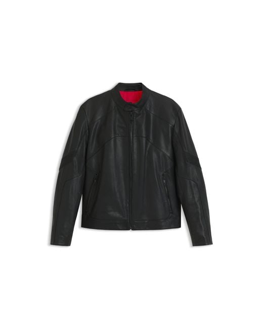 HUGO Black Leather Jacket With Piped Details for men