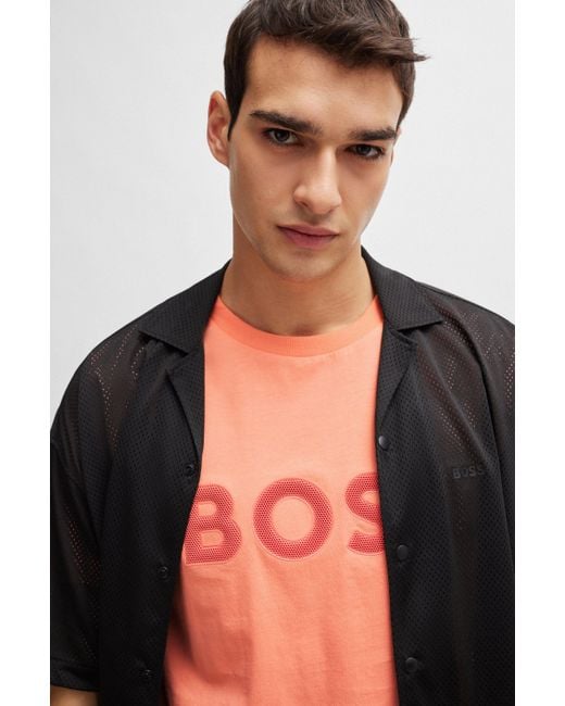 T-shirt Regular Fit en jersey de coton avec logo en mesh Boss pour homme en coloris Orange