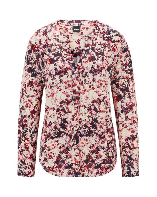 Boss Red Floral-print Blouse In Satin With Notch Neckline