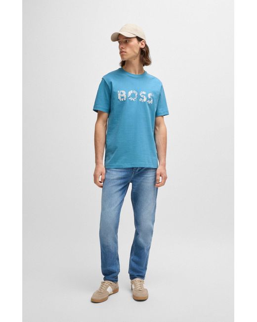 Boss Blue Cotton-jersey T-shirt With Logo Print for men