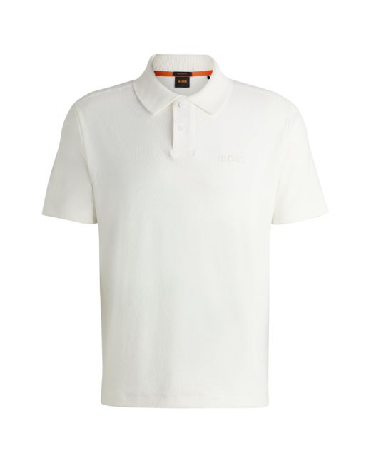 Boss White Cotton-toweling Polo Shirt With Mixed-technique Logo for men