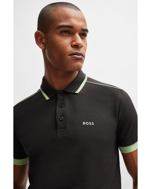 Boss Poloshirt aus Baumwoll-Piqué mit kontrastfarbenen Streifen und Logo in Black für Herren