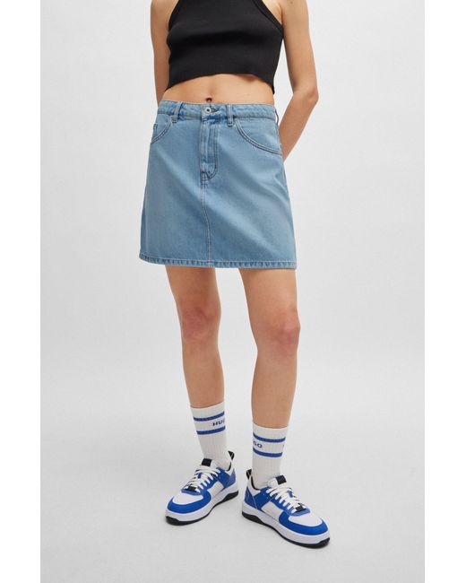HUGO Blue Mini Skirt In Rigid Denim With Hammer Loop