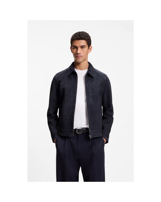 Boss Blue Suede Leather Jacket With Zip Closure for men