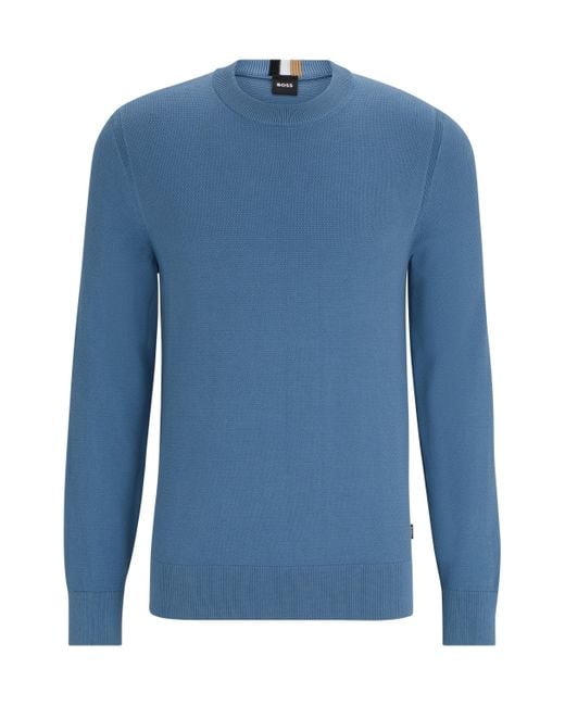 BOSS by | Baumwolle für Fein in mit BOSS Pullover Lyst Blau strukturierter Rundhalsausschnitt AT Herren HUGO aus