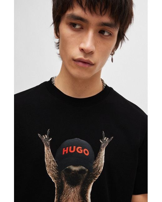 HUGO Black Cotton-jersey T-shirt With Seasonal Artwork for men