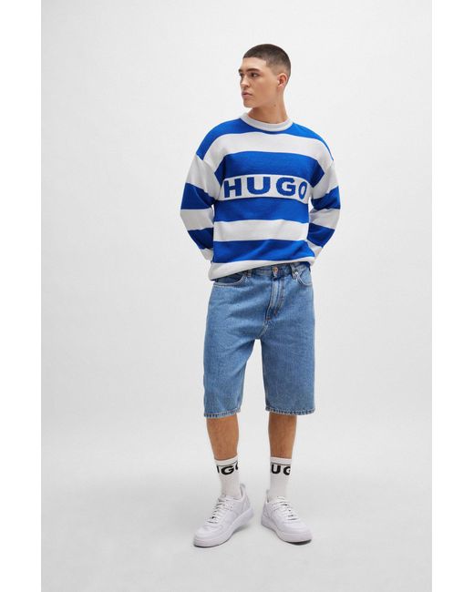 HUGO Blue Block Stripe Big Logo Long Sleeve Sweater for men