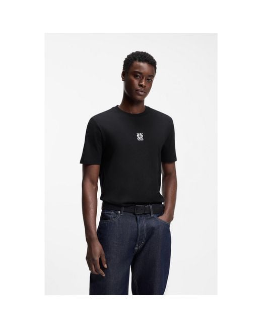 HUGO Black Cotton-Jersey T-Shirt With Embroidered Logo Artwork for men