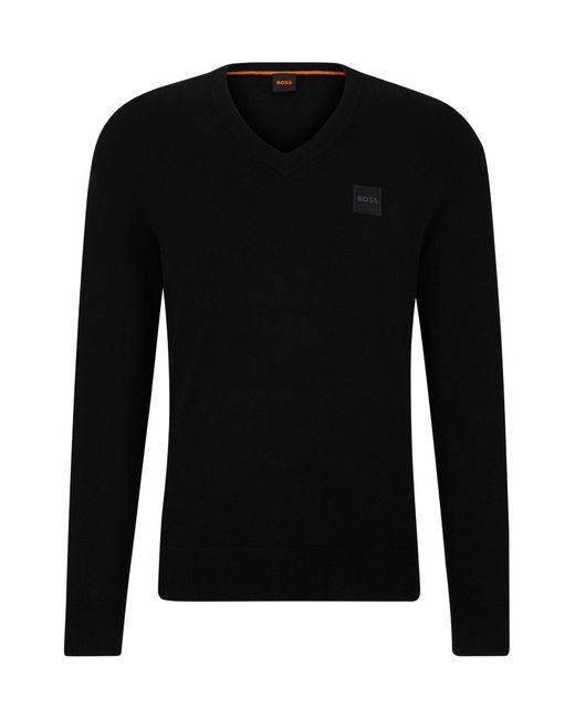 Pull Regular Fit en coton et cachemire avec patch logo Boss pour homme en coloris Black