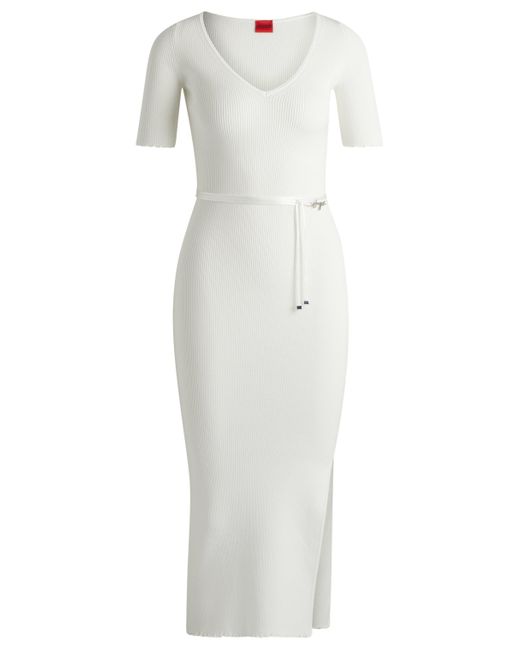 HUGO Ribgebreide Midi-jurk Met Wikkelriempje Met Logo in het White