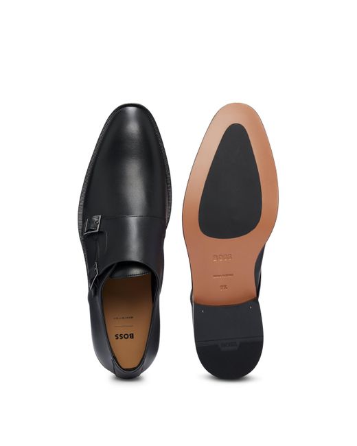 Boss Black Double-monk Shoes In Smooth Leather With Metal Buckles for men