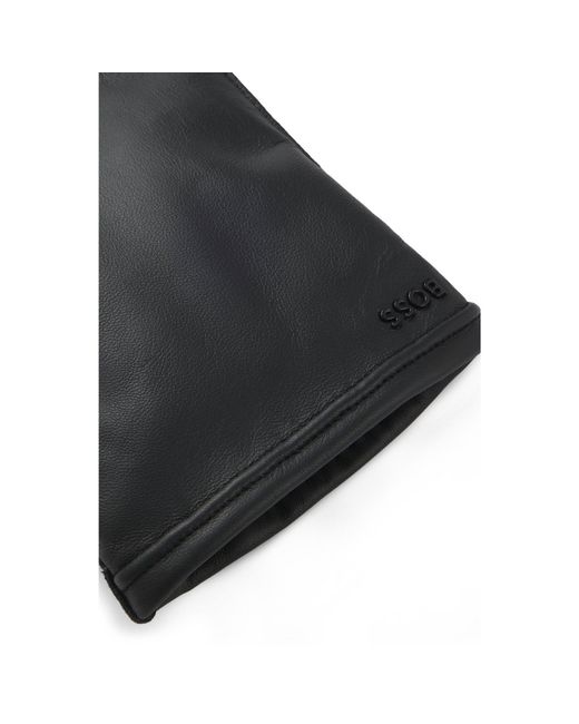 Boss Black Touch-Tech Leather Gloves With Metal Logo Detail for men