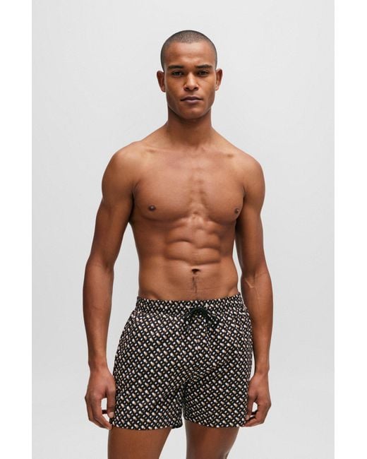 Boss Gray Fully Lined Quick-dry Swim Shorts With Monogram Print for men