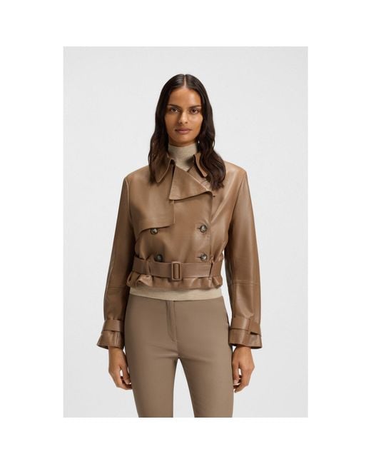 Boss Brown Trench-Style Leather Jacket With Tie-Up Belt