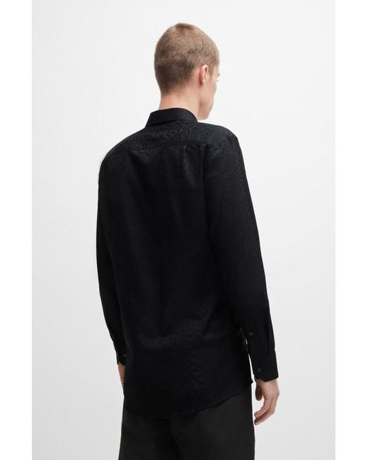 HUGO Black Extra-slim-fit Shirt In Animal-pattern Cotton Jacquard for men