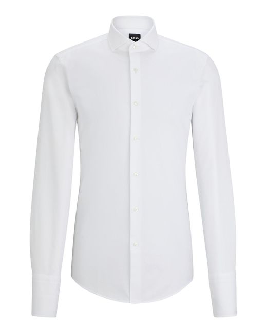 Boss White Slim-fit Shirt In Structured Cotton With Spread Collar for men