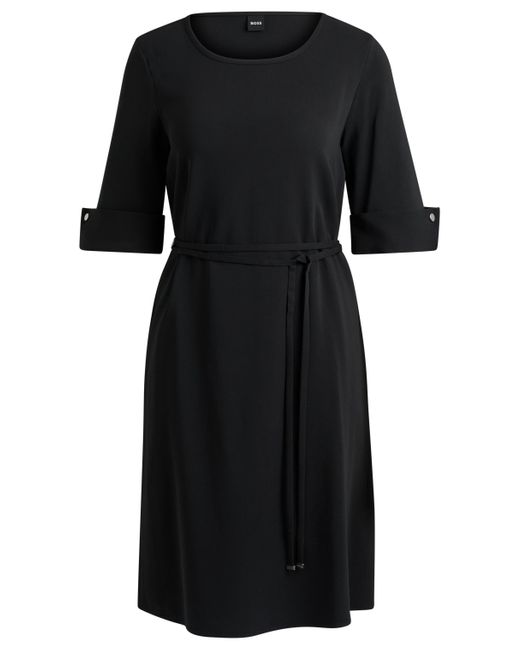Boss Black Short-sleeved Dress In Stretch Material With Tie Belt