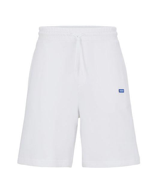 HUGO White Cotton-terry Shorts With Blue Logo Patch for men