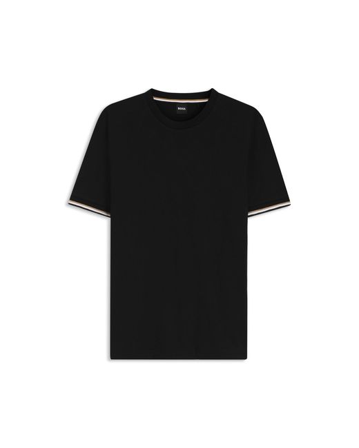 Boss Blue Cotton-Jersey T-Shirt With Signature-Stripe Cuffs for men