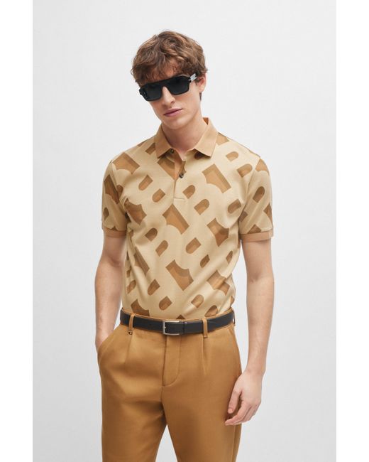 Boss Natural Monogram-jacquard Polo Shirt In Mercerised Stretch Cotton for men