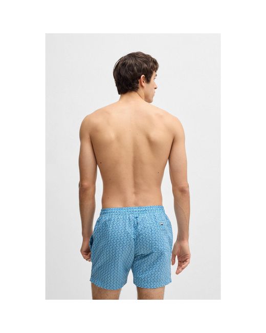 Boss Blue Printed Swim Shorts With Logo Badge for men