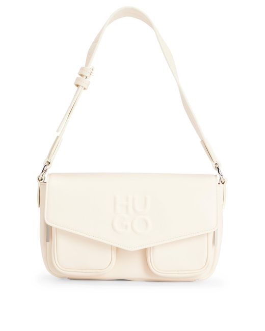 HUGO White Faux-leather Shoulder Bag With Debossed Stacked Logo