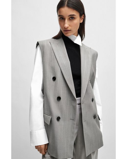 Boss Gray Naomi X Oversized Sleeveless Jacket In Pinstripe Virgin Wool