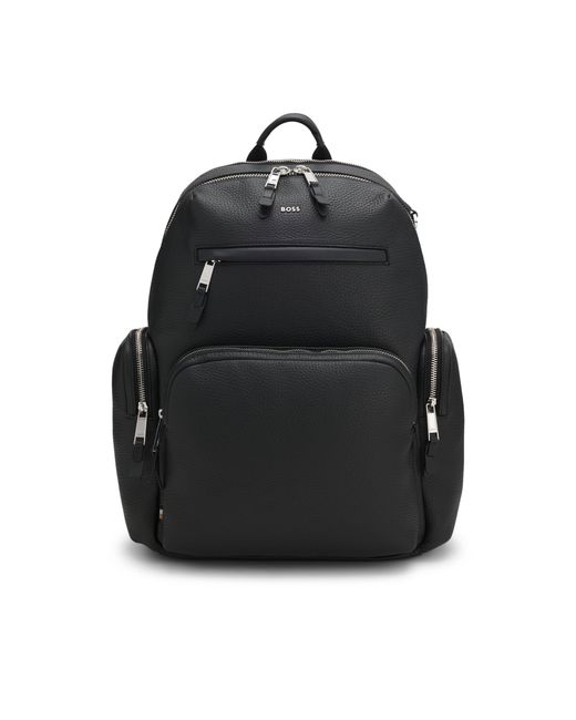 Boss Black Italian-Leather Backpack With Zipped Side Pockets for men