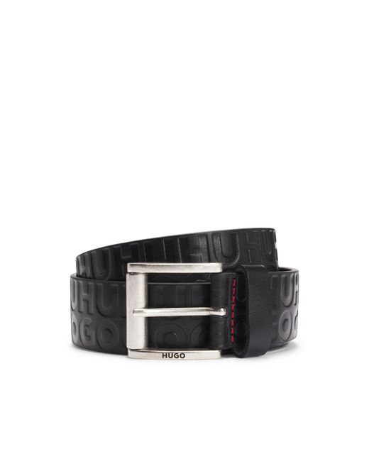 HUGO Black Smooth-Leather Belt With Printed Stacked Logos for men
