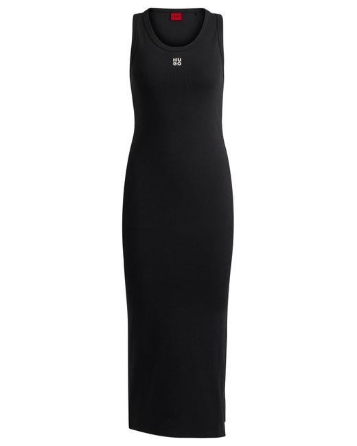 HUGO Black Long-length Dress In Stretch Jersey With Stacked Logo