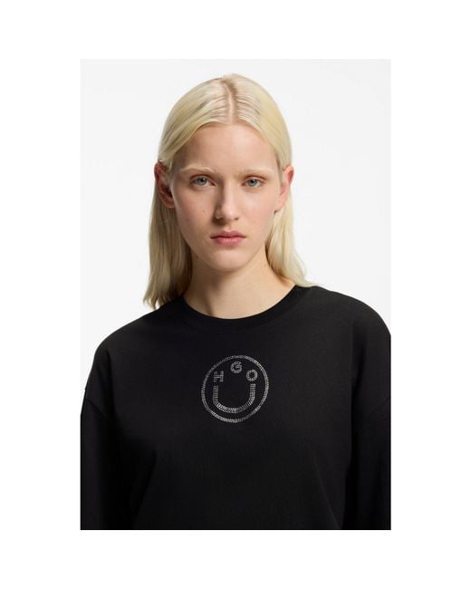 HUGO Black Oversized-Fit Cotton T-Shirt With Rhinestone Happy Logo