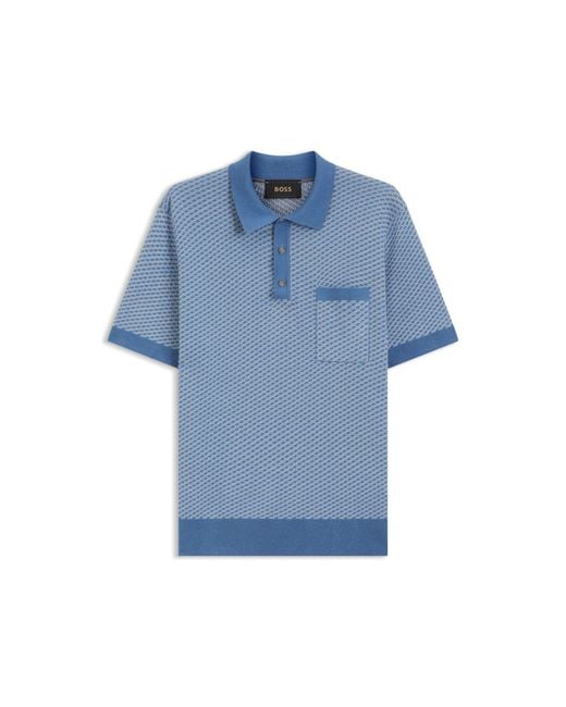 Boss Blue Cotton-Silk Knit Polo With Geometric Pattern for men