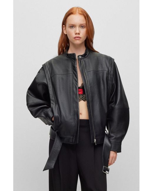 HUGO Black Oversized-fit Leather Jacket With Zip-off Sleeves