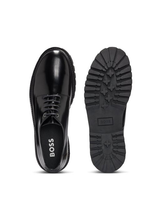 Boss Black Derby Shoes In Brush-off Leather With Lug Sole for men