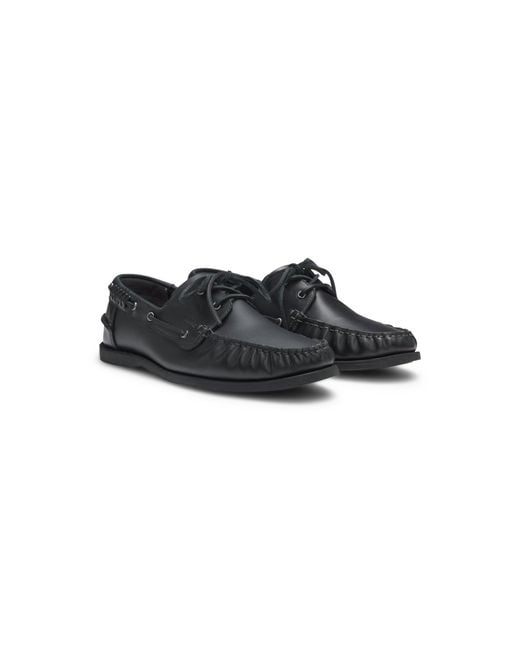 HUGO Black Leather Boat Shoes With Lacing Detail for men