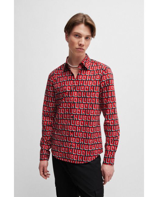 HUGO Slim-Fit Hemd aus elastischer Baumwoll-Popeline mit Logo-Print in Red für Herren
