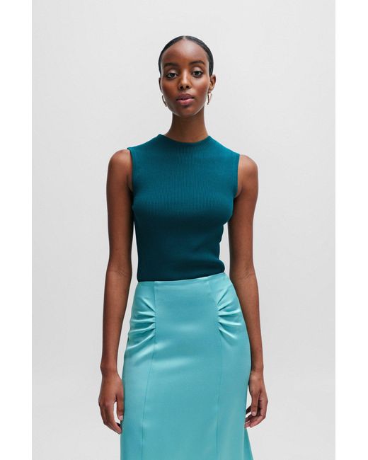 Boss Blue Sleeveless Mock-neck Top In Ribbed Fabric