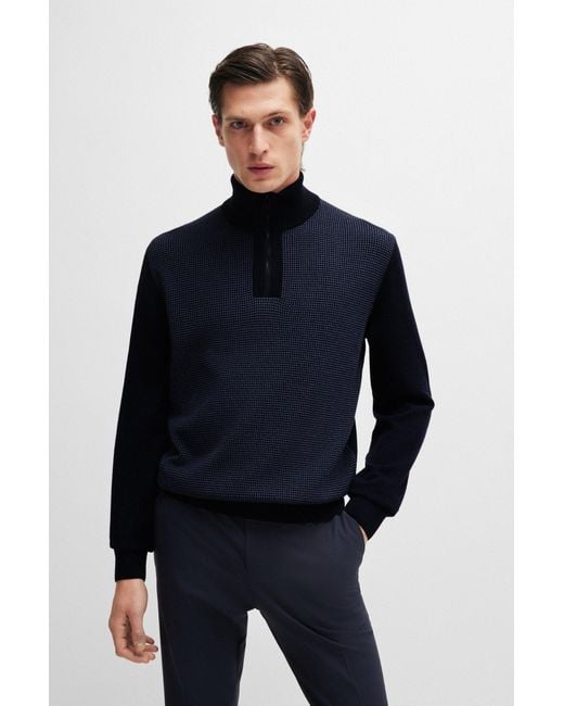 Boss Blue Virgin-wool Zip-neck Sweater With Mixed Structures for men