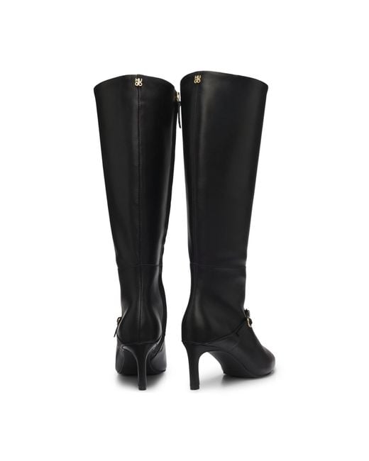 HUGO Black Structured Leather Knee-High Boots With Buckle