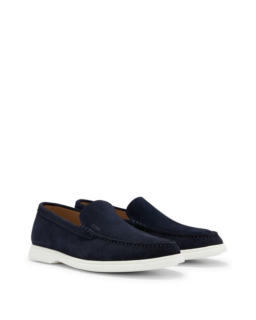 Boss Blue Suede Loafers With Emed Logo And Tpu Outsole for men