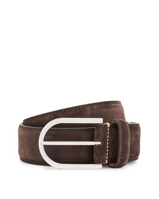 Boss Brown Italian-suede Belt With Rounded Brass Buckle for men